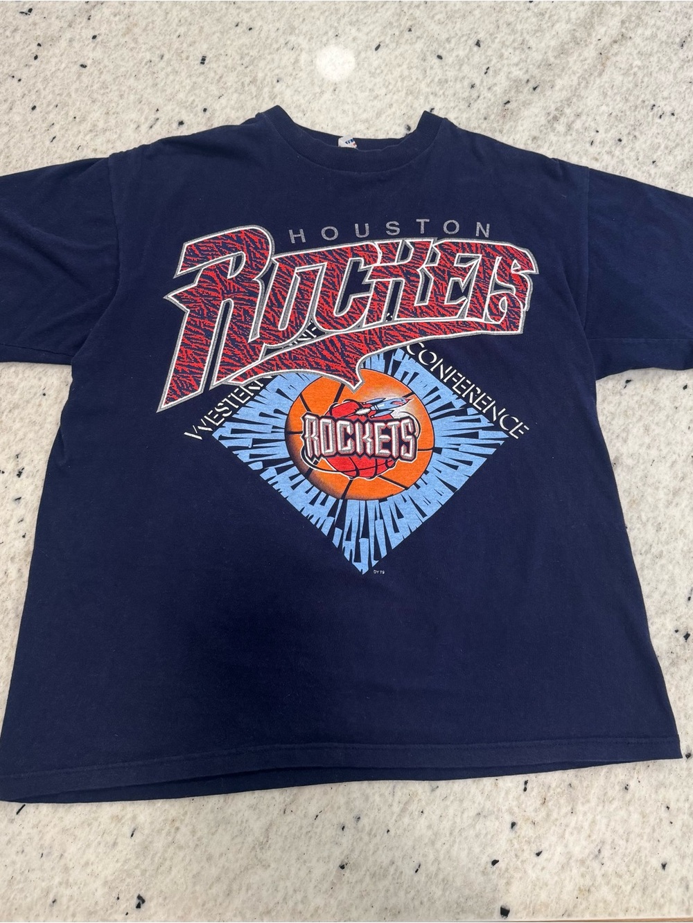 Houston Rockets Vintage Graphic Tee - Navy with Red & Orange Logo